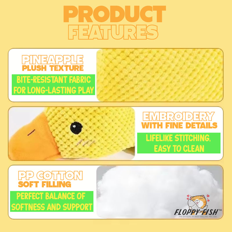 Graphic of FLOPPY FISH™ calming duck dog toy features on yellow background – embroidered details, washable cotton plush, easy-care durable design for dogs and puppies