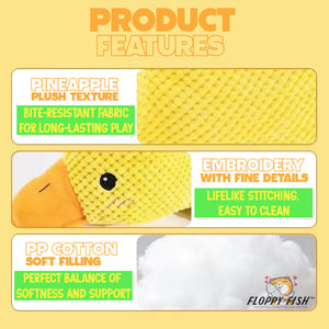Graphic of FLOPPY FISH™ calming duck dog toy features on yellow background – embroidered details, washable cotton plush, easy-care durable design for dogs and puppies