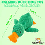 Load image into Gallery viewer, Green FLOPPY FISH™ knitted duck dog toy with dimensions – lightweight squeaky plush dog toy for gentle chewing, stress relief, and cuddling comfort
