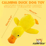 Load image into Gallery viewer, Bright yellow FLOPPY FISH™ calming duck toy for dogs with measurement guide – soft squeaky plush ideal for indoor play and comforting anxious pets
