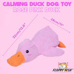 Load image into Gallery viewer, Soft rose pink duck dog toy with FLOPPY FISH™ branding and size details – plush squeaky toy designed for small to medium sized dogs, and playful companionship
