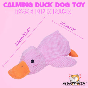Soft rose pink duck dog toy with FLOPPY FISH™ branding and size details – plush squeaky toy designed for small to medium sized dogs, and playful companionship