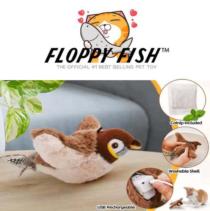 Official FLYING BIRD™ Cat Toy with flapping wings and chirping sounds, USB rechargeable and includes catnip pouch for indoor cats