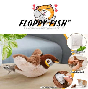Official FLYING BIRD™ Cat Toy with flapping wings and chirping sounds, USB rechargeable and includes catnip pouch for indoor cats