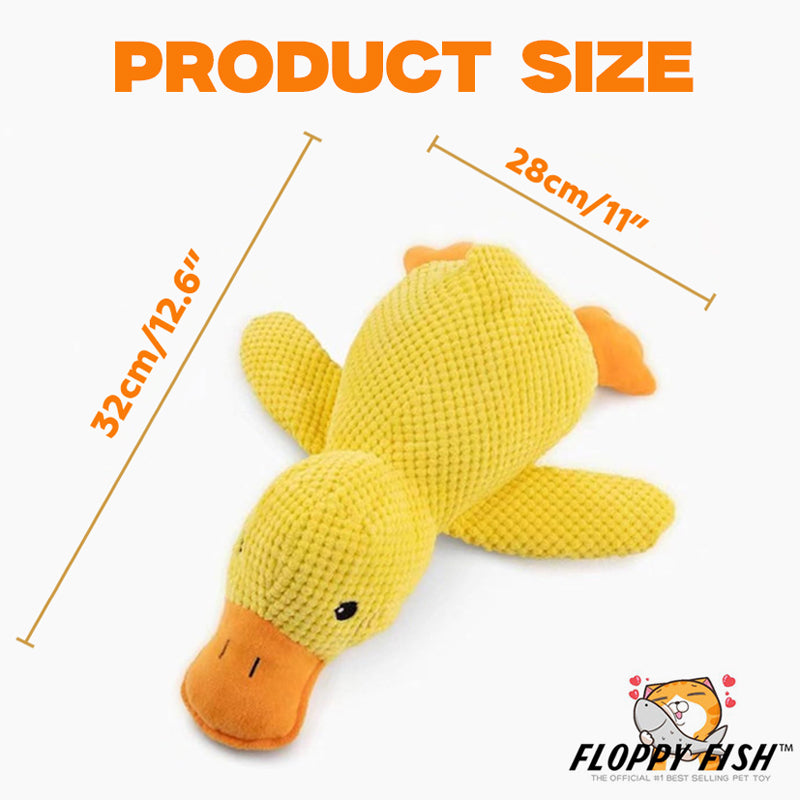 FLOPPY FISH™ yellow duck toy for dogs with size dimensions shown – soft plush squeaky comfort toy ideal for calming anxious pets and playful indoor chewing